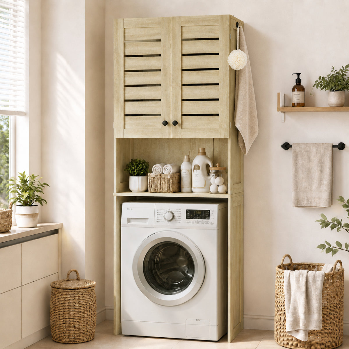 Meuble WC dessus de toilette/machine à laver avec placard à porte double, portes à persiennes, 67x31,5x190cm, chêne