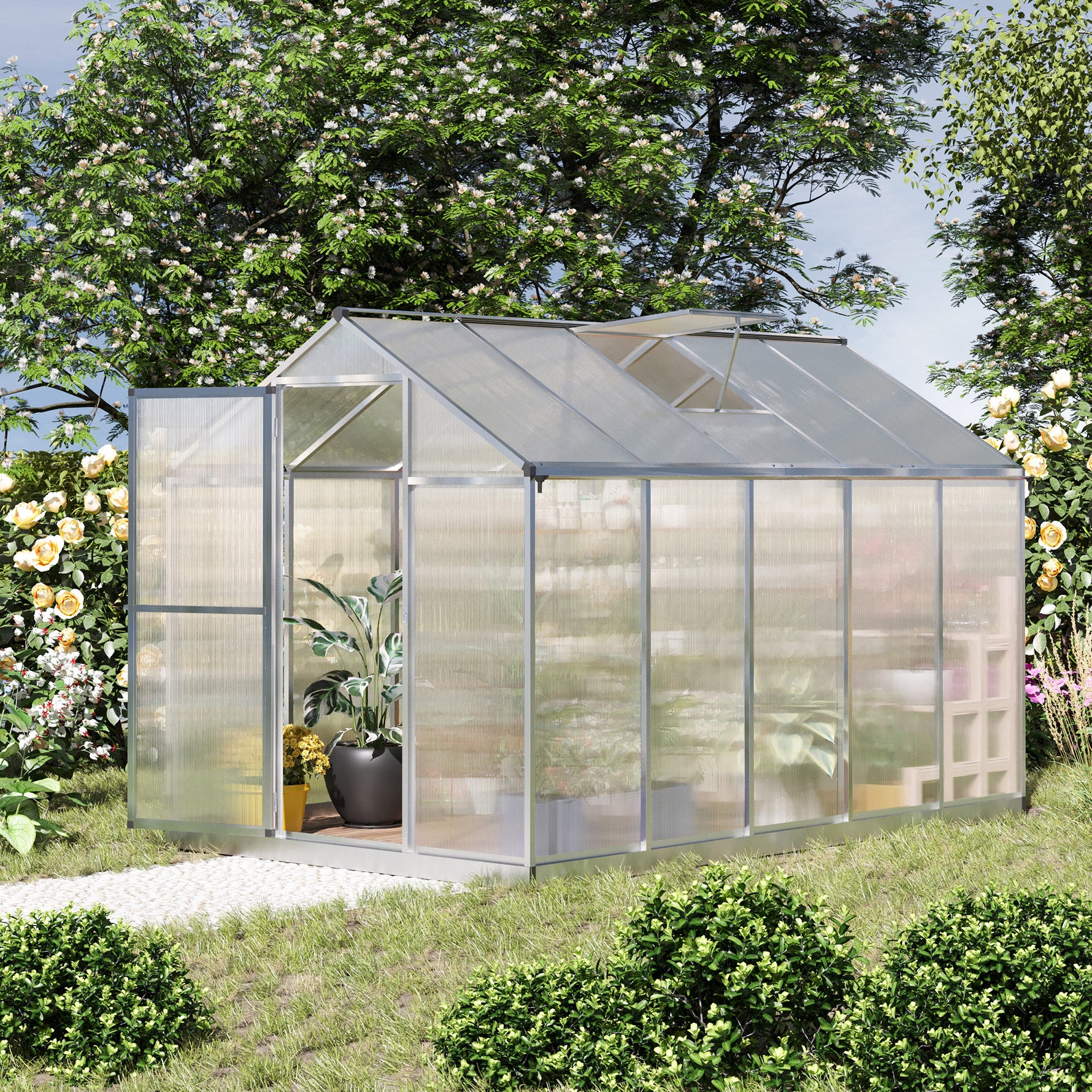 Serre de jardin en aluminium polycarbonate, serre avec fenêtres supérieures réglables, porte battante, abri extérieur résistant aux intempéries pour plante fleur, 303x183x195 cm, transparent