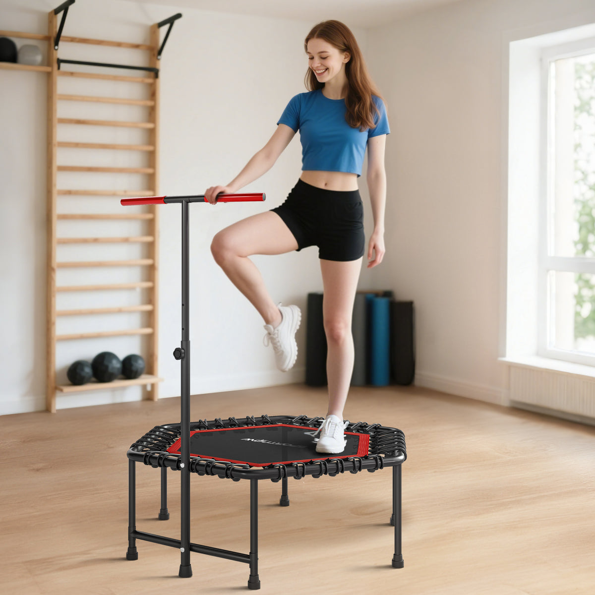 Trampoline de fitness 114 cm, cordes élastiques, poignée réglable 3 positions, trampoline d'exercice silencieux, rouge