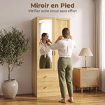 Armoire chambre penderie avec miroir, 2 portes, 2 tiroirs et barre de suspension, 80 x 50 x 180 cm, chêne