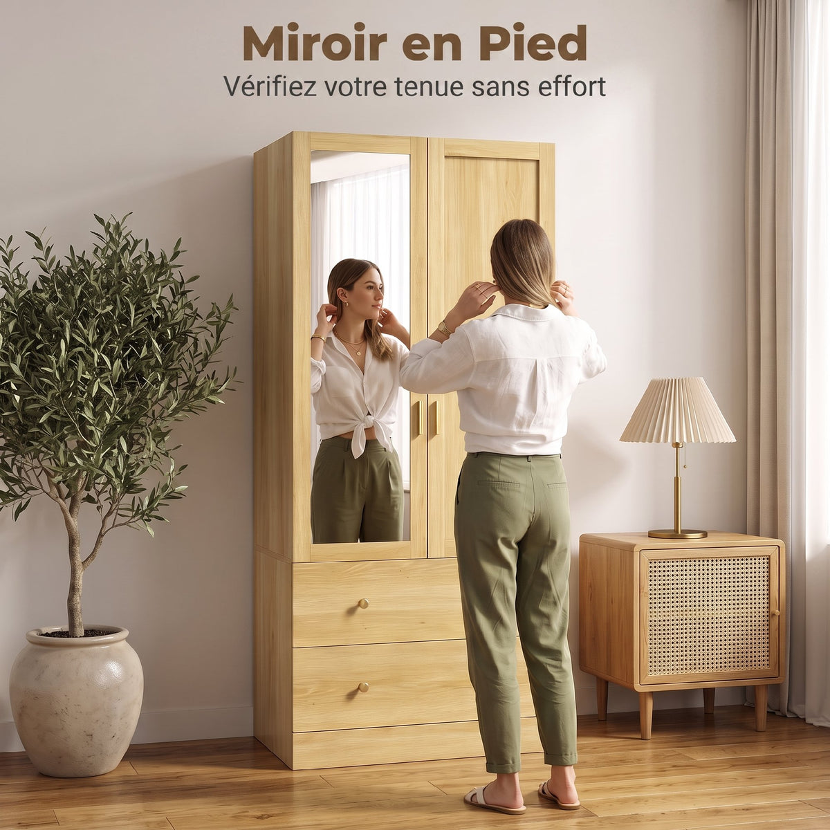 Armoire chambre penderie avec miroir, 2 portes, 2 tiroirs et barre de suspension, 80 x 50 x 180 cm, chêne