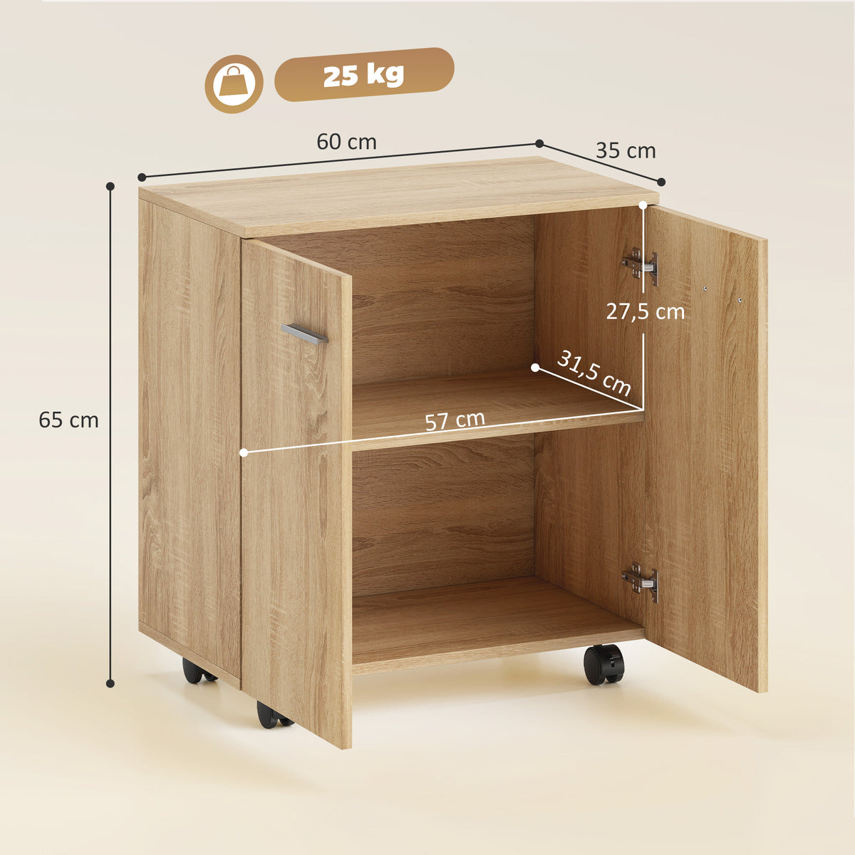 Meuble de Rangement Buffet bas sur roulettes avec 2 Portes étagère Interne 60 x 35 x 65 cm bois naturel