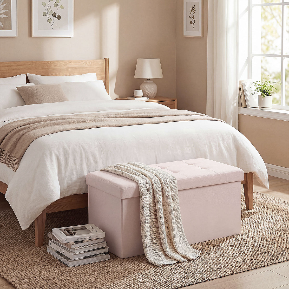 Banc de Rangement, Pouf de Rangement Pliable, Bout de Lit, Repose-Pieds avec Couvercle, 76L x 38l x 38H cm, Rose