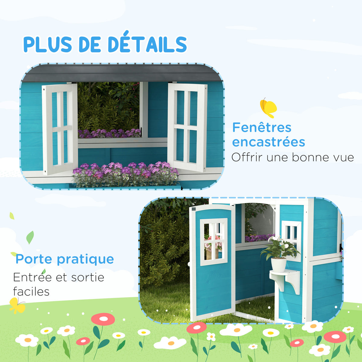 Cabane enfant extérieur maison enfant extérieure avec porte fenêtres et jardinières 114 x 126,4 x 135 cm bleu