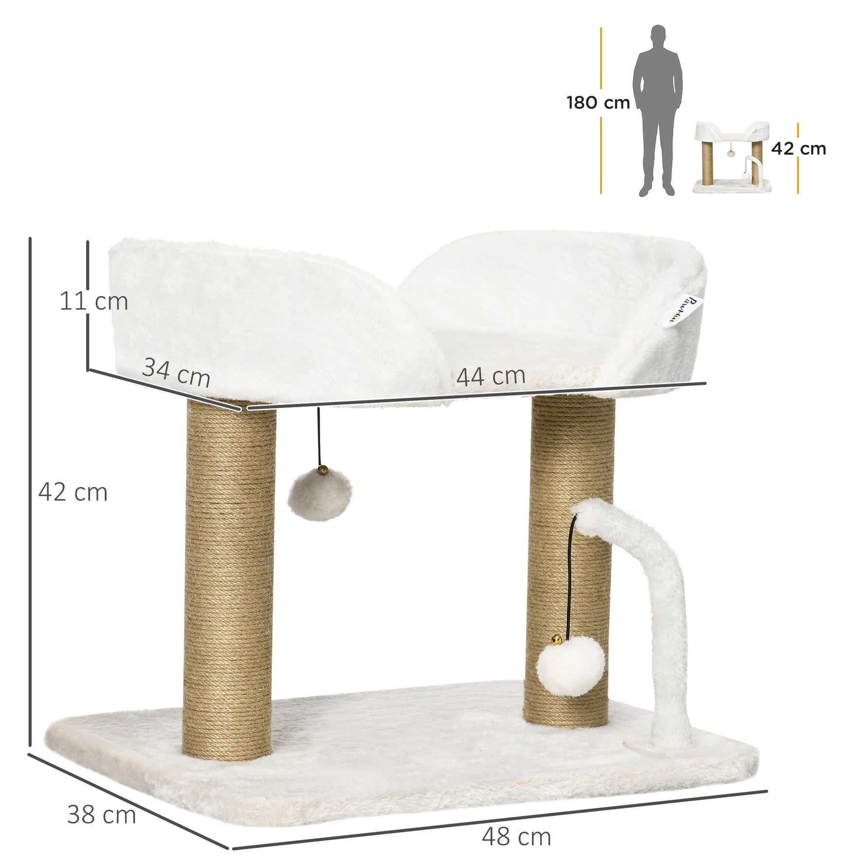Arbre à chat grattoir design avec jeu 2 pompons suspendus 2 poteaux sisal plateforme peluche sisal 48 x 38 x 42 cm beige