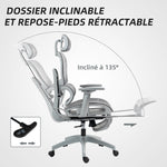 Fauteuil de bureau, chaise de bureau ergonomique en maille avec accoudoirs 3D, dossier inclinable, 66x64x122 cm, gris