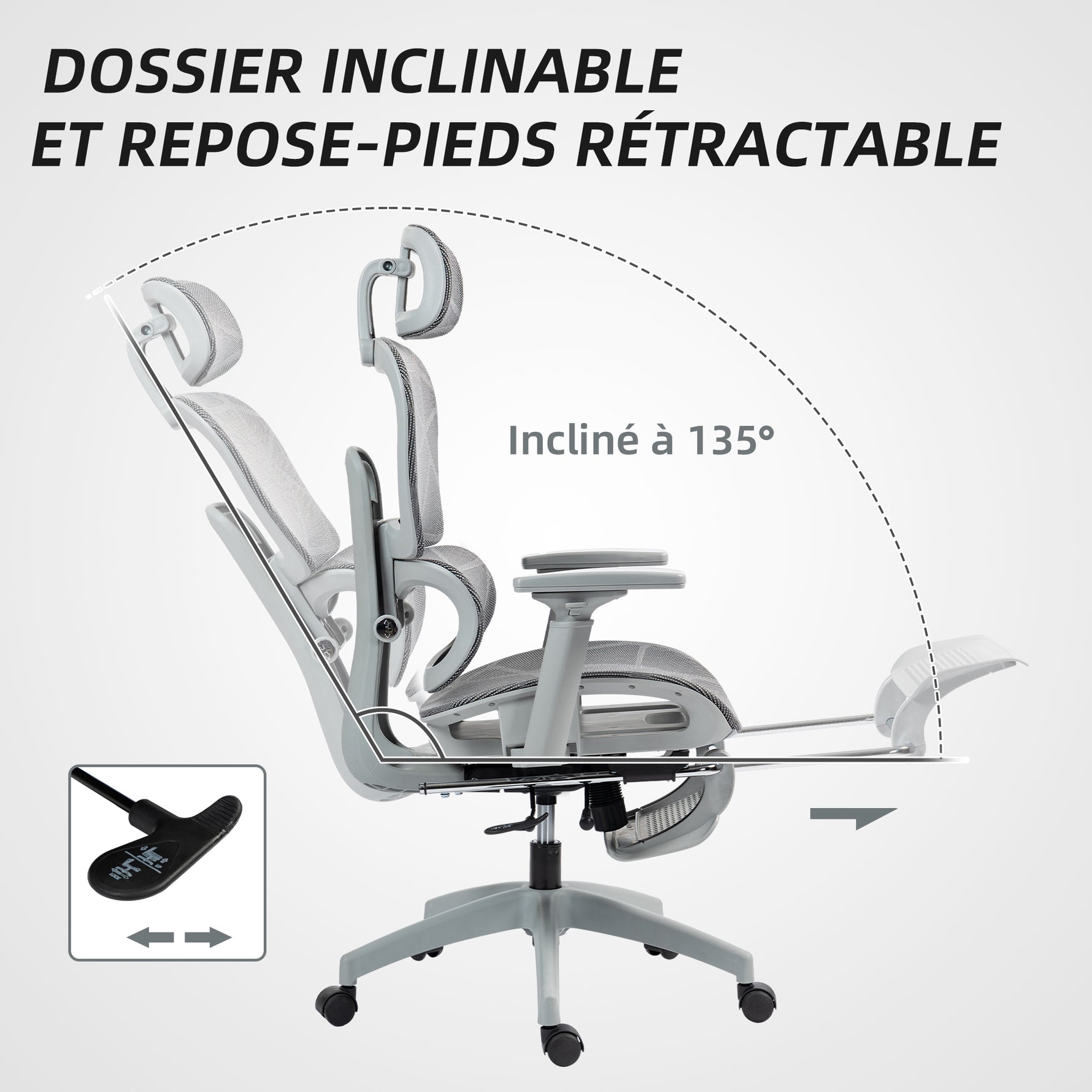 Fauteuil de bureau, chaise de bureau ergonomique en maille avec accoudoirs 3D, dossier inclinable, 66x64x122 cm, gris