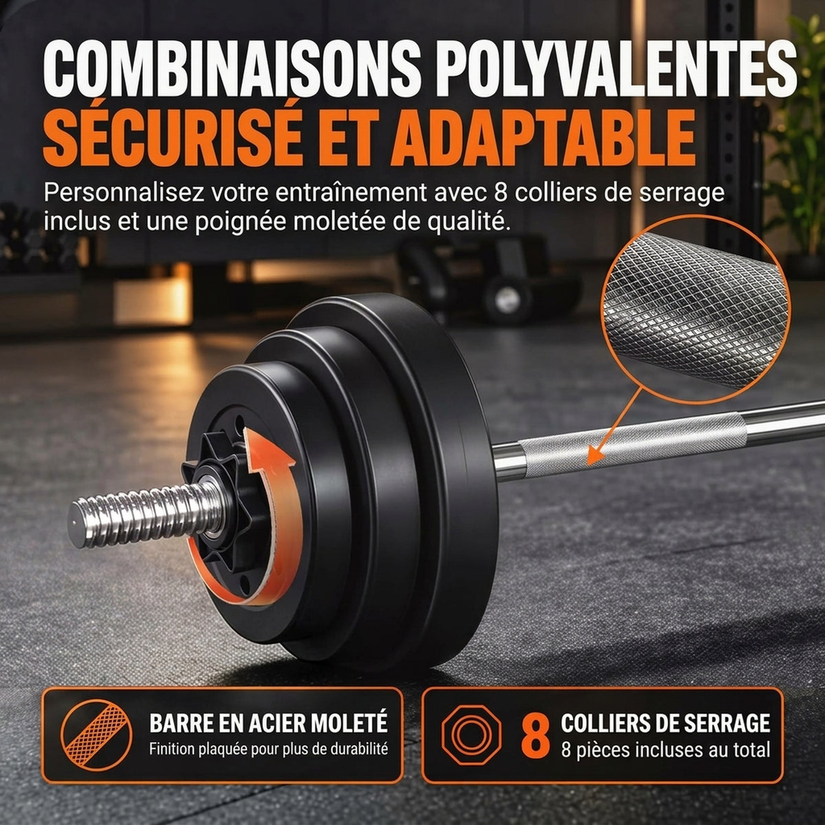 Hantel-Set 50 kg 3-in-1, Verstellbare Gewichte mit PP-Beschichtung, Rutschfester Stange, Sicherung, Schwarz