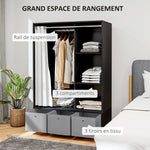 Armoire penderie armoire de rangement avec tringle rideaux 3 niches et 3 tiroirs en tissu amovibles 105 x 48 x 160 cm
