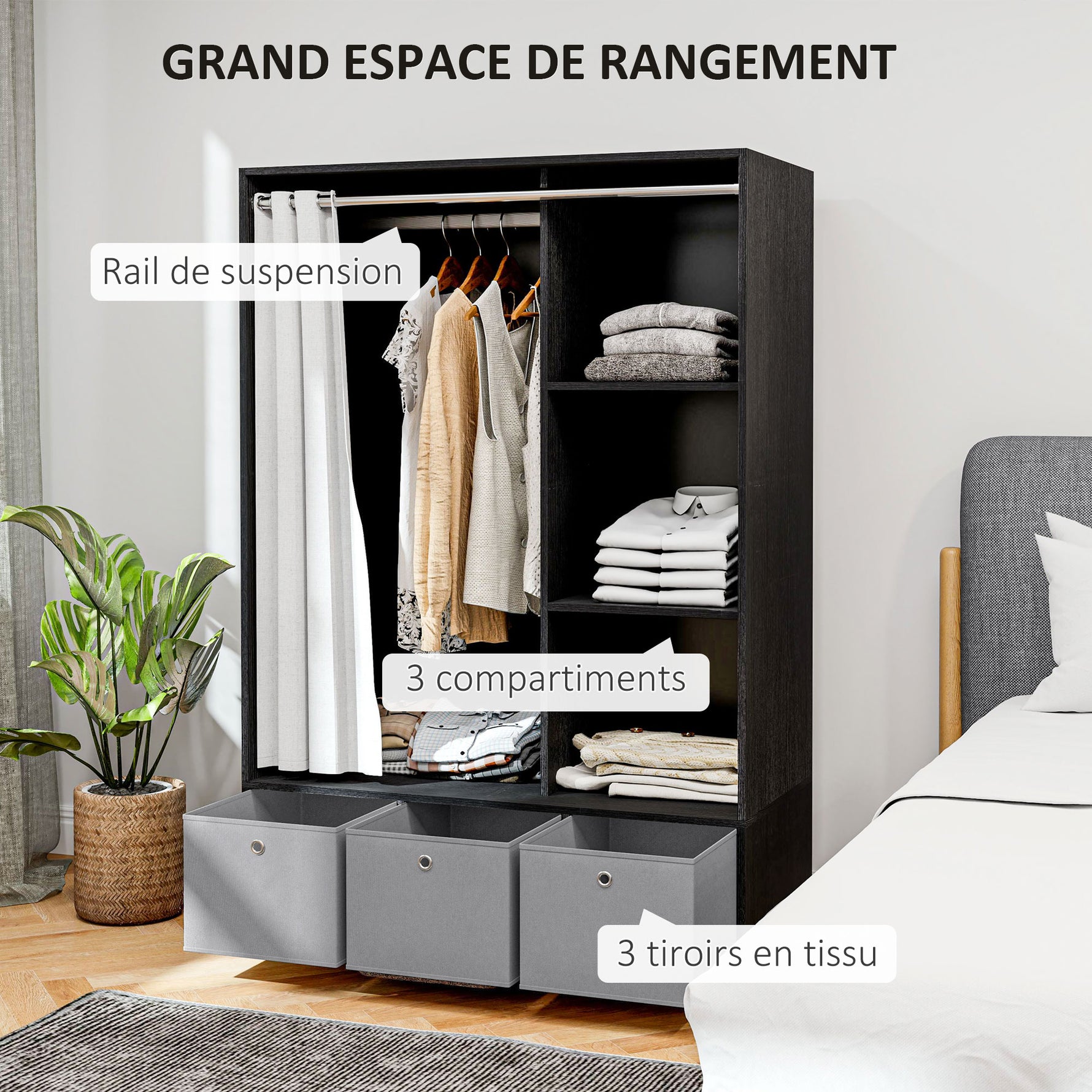 Armoire penderie armoire de rangement avec tringle rideaux 3 niches et 3 tiroirs en tissu amovibles 105 x 48 x 160 cm