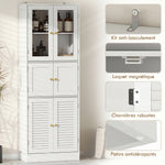 Meuble de salle de bain haut, meuble de rangement avec 6 portes dont 2 vitrées et 2 persiennes, étagère réglable, blanc