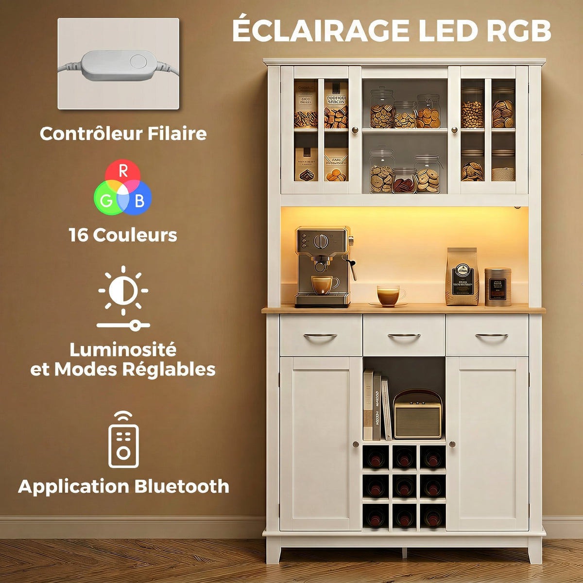 Hoog buffet voor de keuken met ledverlichting, servieskast, 4 deuren waarvan 2 met glas, lades, flessenrek, wit