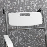 Chaise percée à roulettes - fauteuil roulant percé - chaise de douche - seau amovible, accoudoirs, repose-pied - acier chromé HDPE blanc