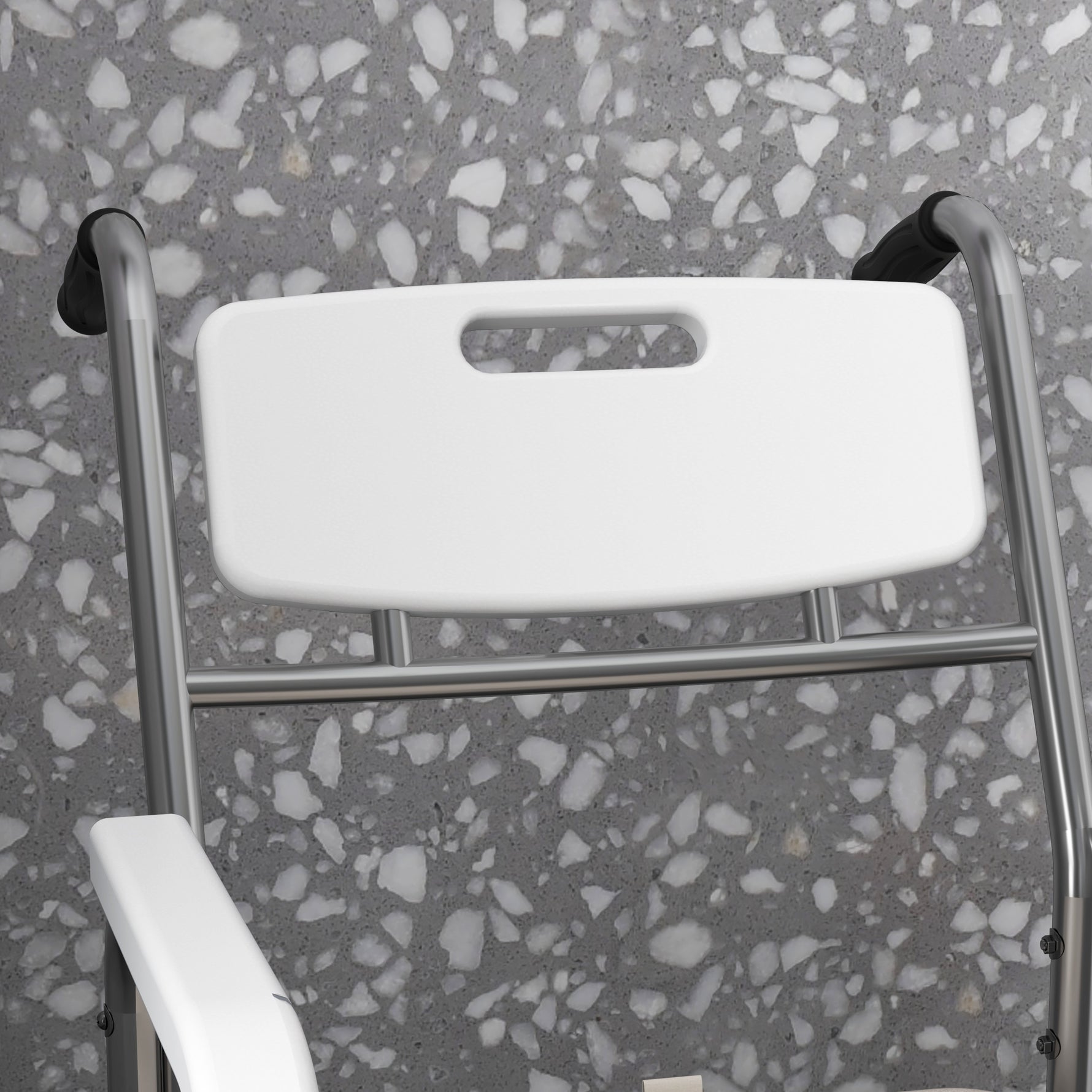 Chaise percée à roulettes - fauteuil roulant percé - chaise de douche - seau amovible, accoudoirs, repose-pied - acier chromé HDPE blanc