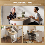 Table de bar, table haute cuisine à 3 niveaux 2 compartiments ouverts, plateau effet bois naturel 113 x 60 x 90 cm blanc