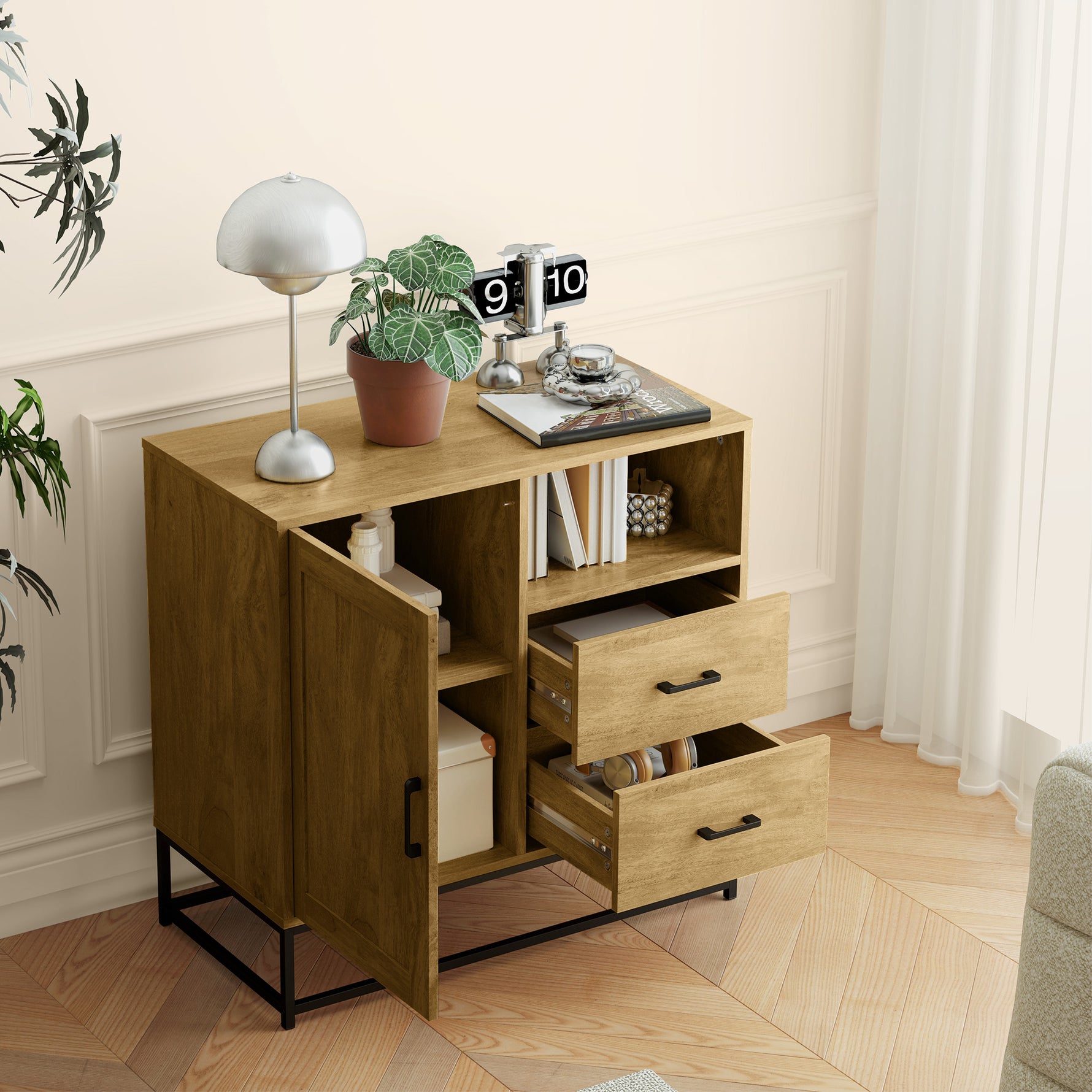 Buffet, meuble de rangement avec 2 tiroirs, compartiment ouvert et étagère réglable, 80l x 40P x 78H cm, naturel