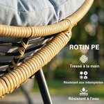 Fauteuil à bascule de jardin pour intérieur et extérieur, rocking chair en résine tressée avec coussin moelleux, gris