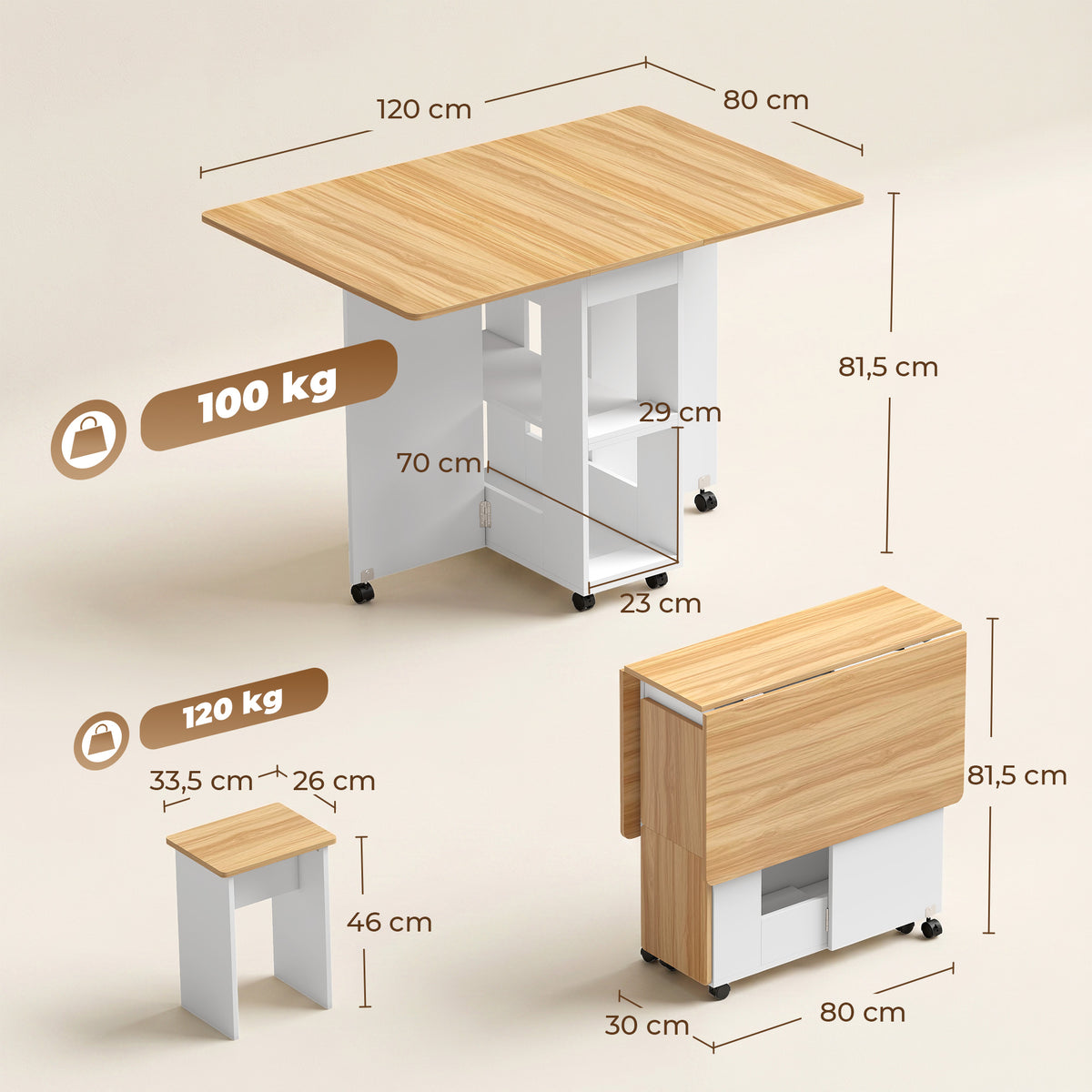 Ensemble table salle à manger pliante avec 4 chaises, table de cuisine avec chaises pour 4 personnes, roulettes, chêne-2