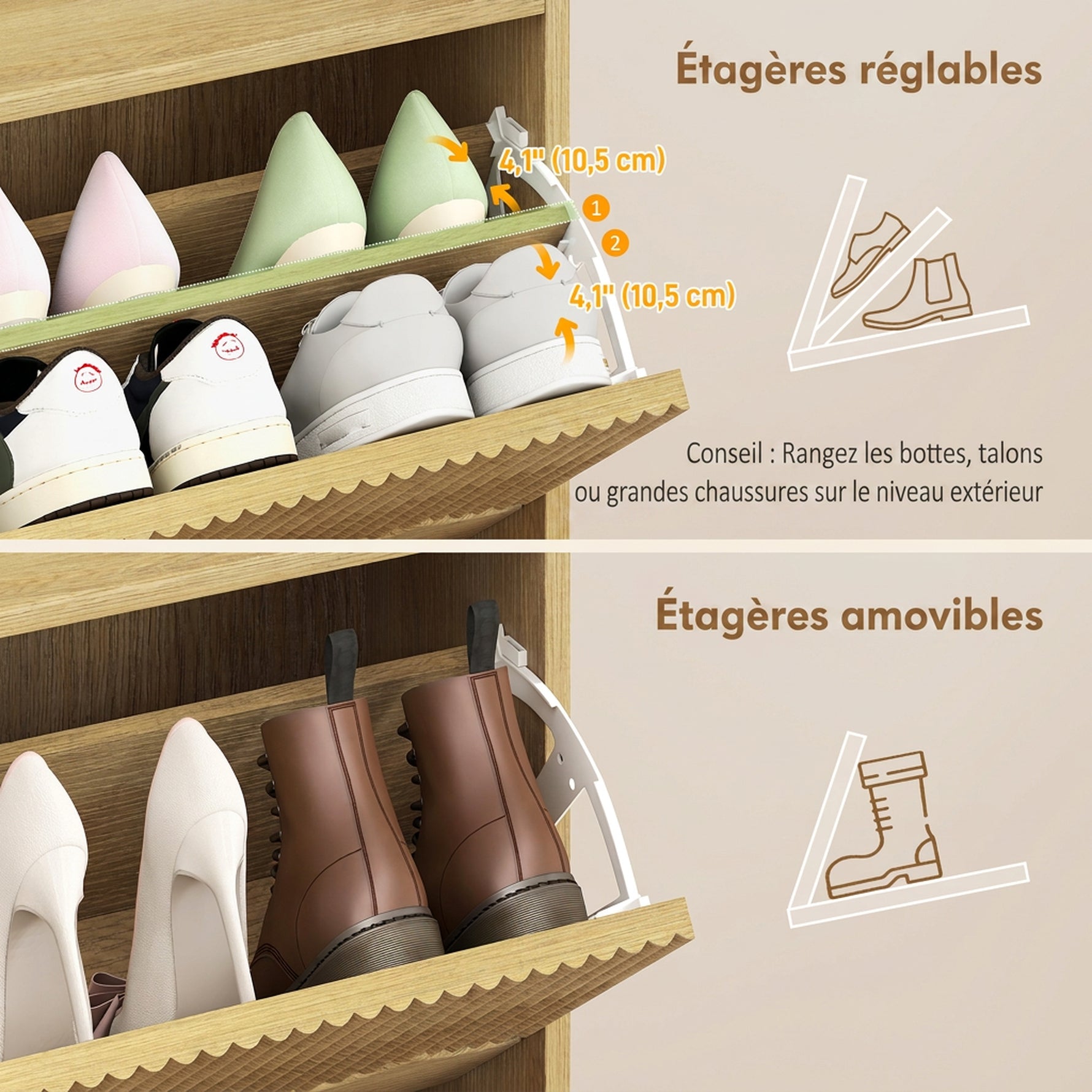 Meuble à chaussures 18 paires, armoire à chaussures étroite, 3 tiroirs rabattables étagères réglables, 60x24x128cm, chêne