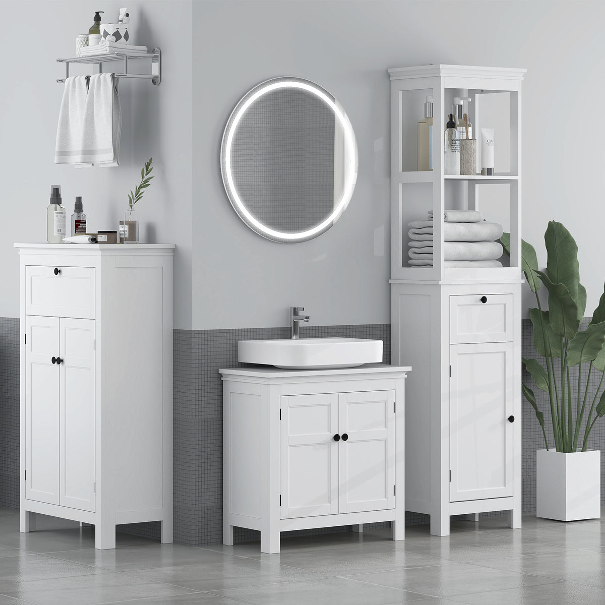 Badezimmerschrank mit Schublade und verstellbaren Einlegeböden, freistehender Aufbewahrungsschrank, Höhe 102,5 cm, Weiß