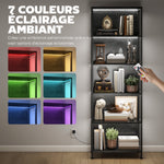 Bibliothèque étagère de rangement à 5 niveaux avec éclairage LED 7 couleurs, structure en acier, 60 x 30 x 179 cm, noir