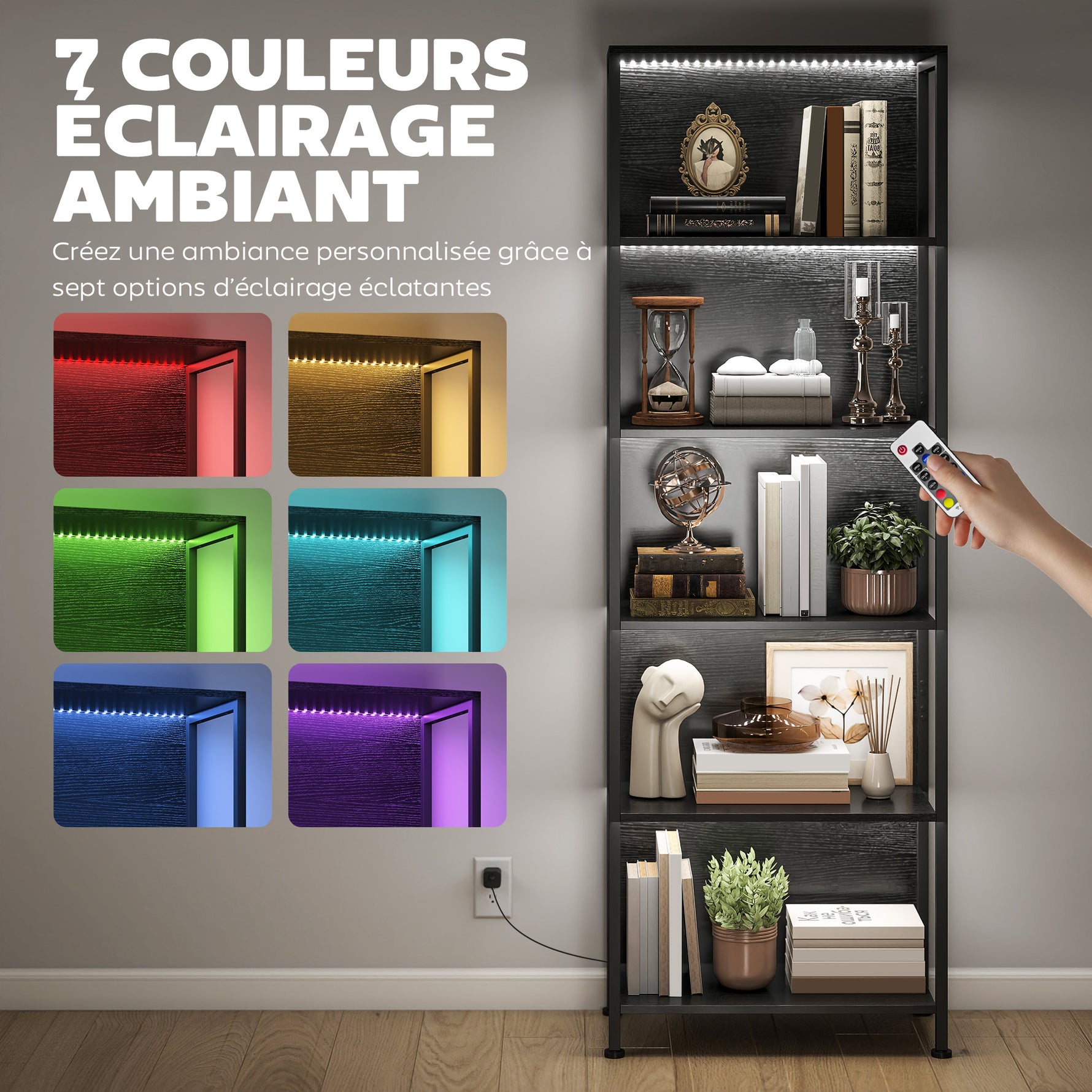 Bibliothèque étagère de rangement à 5 niveaux avec éclairage LED 7 couleurs, structure en acier, 60 x 30 x 179 cm, noir