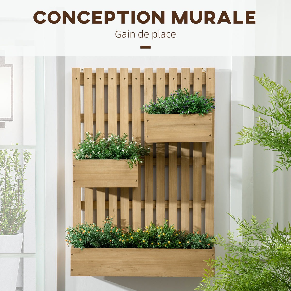 Jardinière murale potager avec 3 bacs en bois massif amovibles 60 x 16 x 80 cm