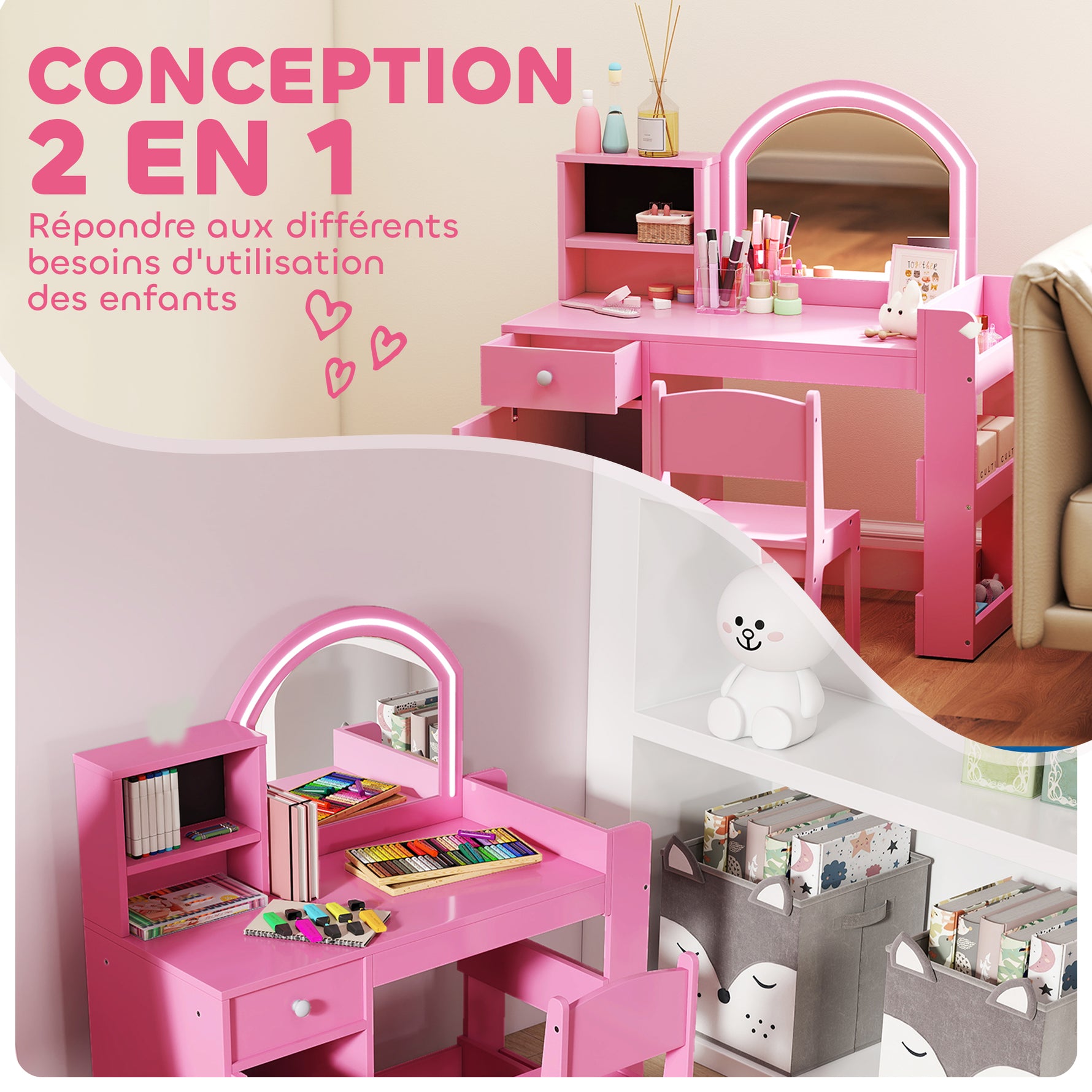 Coiffeuse pour enfants avec tabouret et miroir LED, table de maquillage pour 3 à 8 ans, 88,6 x 38,8 x 96,9 cm, rose
