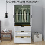 Armoire chambre penderie avec 2 portes à fermeture douce, 3 tiroirs et barre de suspension, 80x50x180cm, gris et blanc