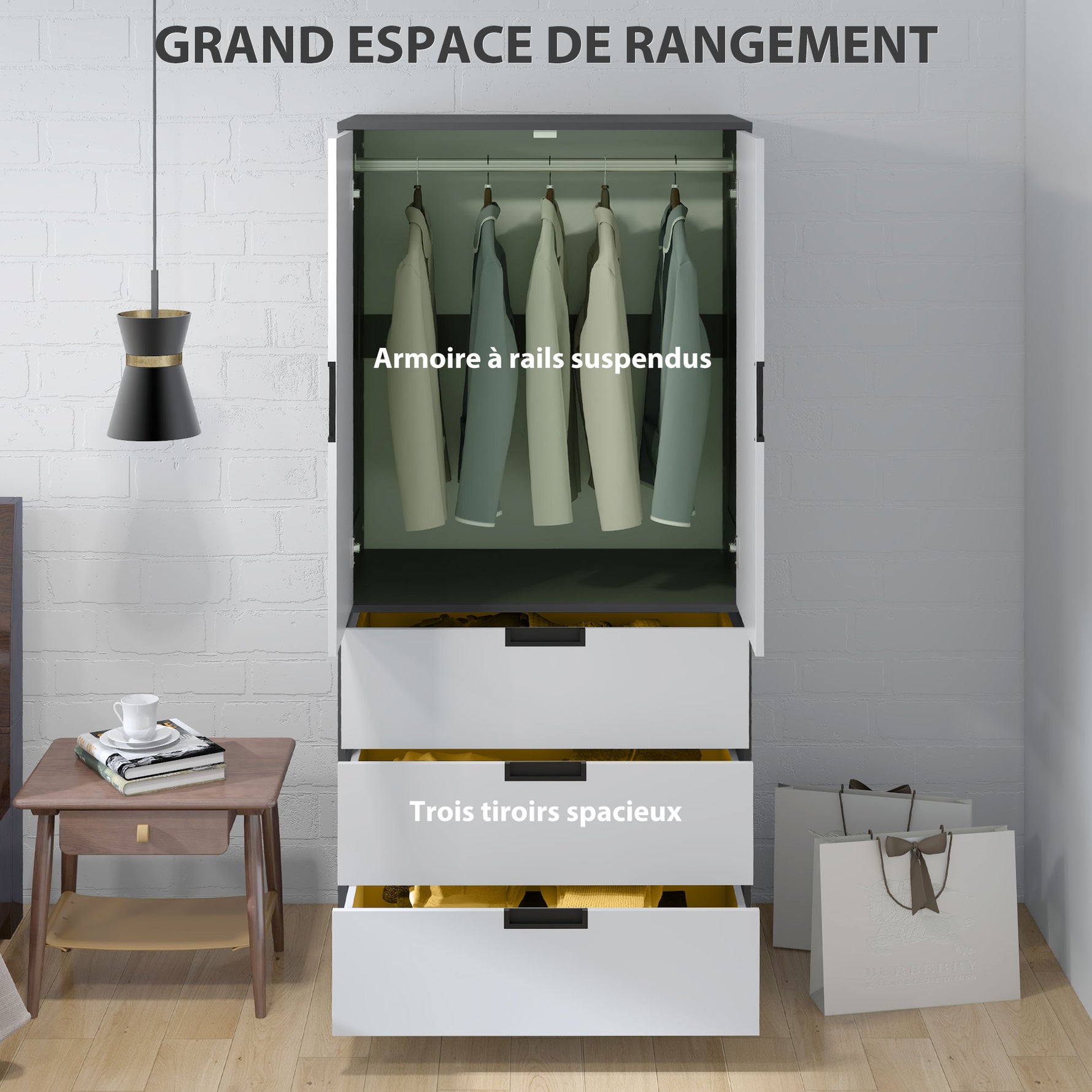 Armoire chambre penderie avec 2 portes à fermeture douce, 3 tiroirs et barre de suspension, 80x50x180cm, gris et blanc