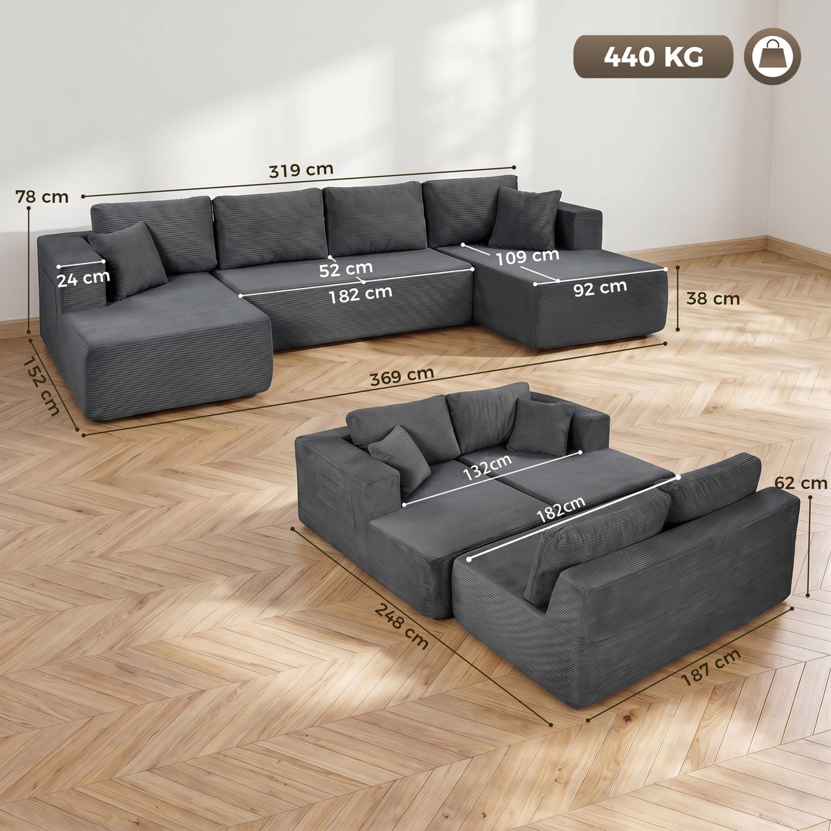 Canapé Modulaire en U 4 Places, 2 Méridiennes, Canapé 2 Places, 6 Coussins, Sans Montage, 369 x 152 x 78 cm, Gris