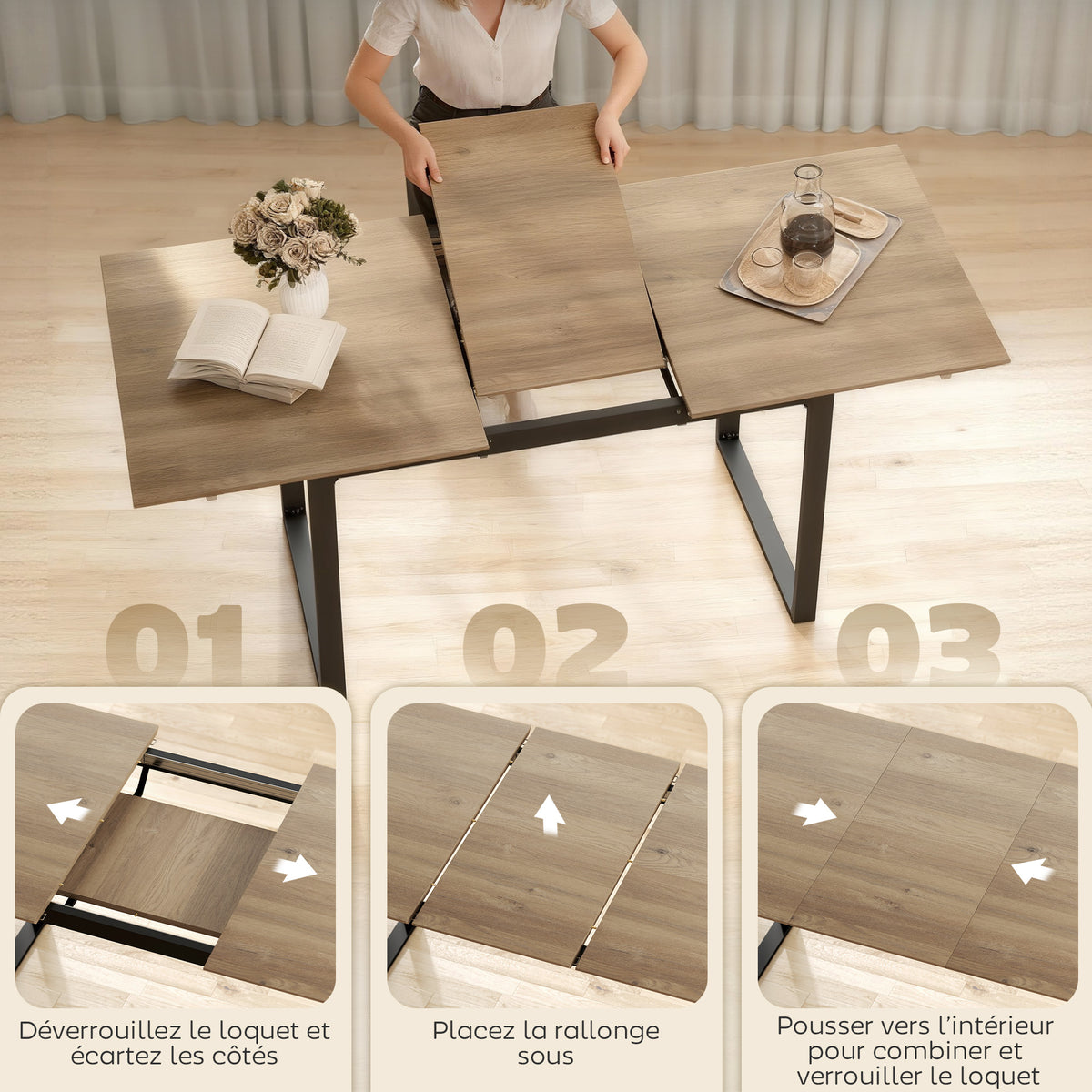 Mesa de comedor rectangular extensible para 6 a 8 personas, mesa de cocina con extensión de 140-180 cm, efecto madera natural