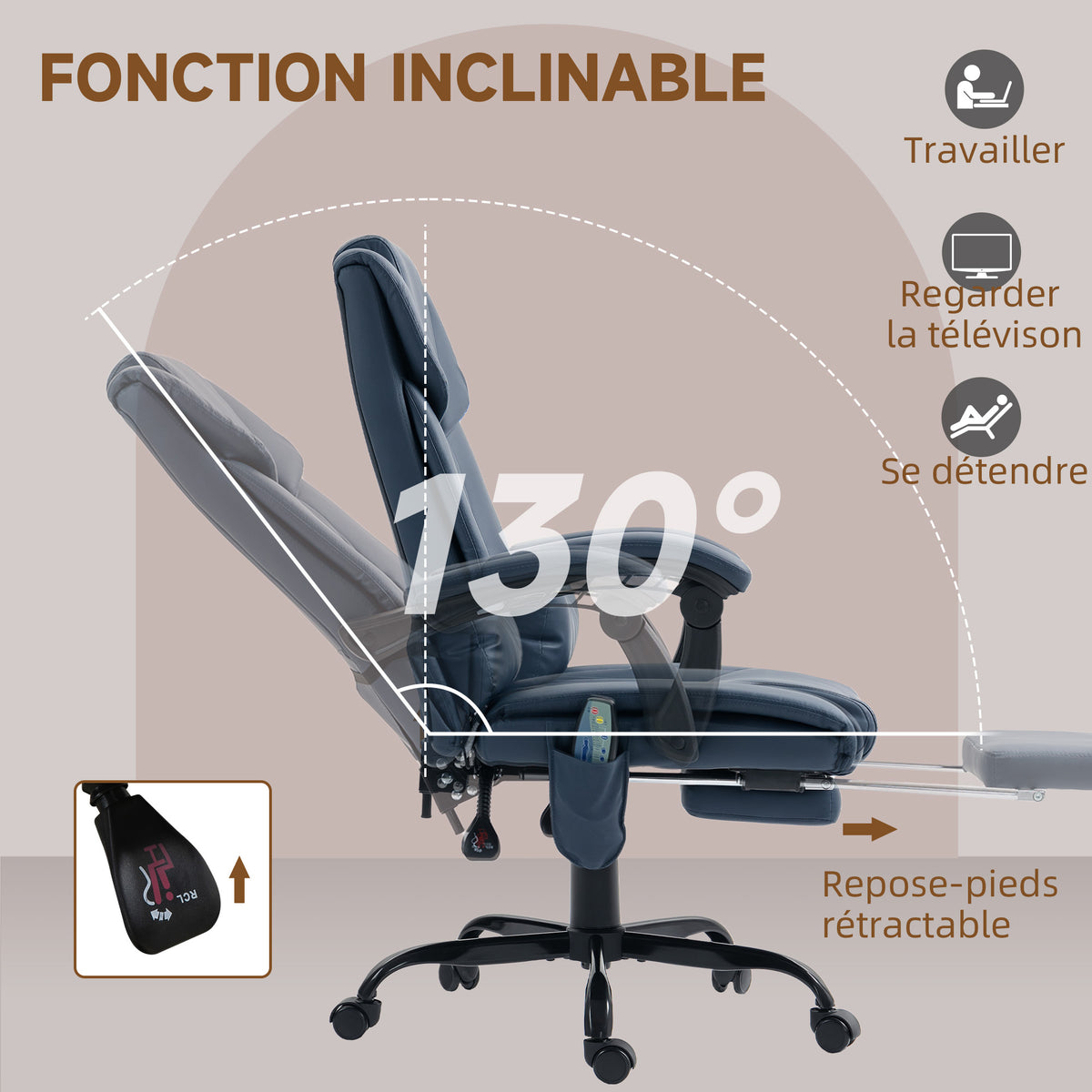 Fauteuil de bureau massant, repose-pied, hauteur réglable, dossier inclinable, télécommande filaire, 66x75x122cm, bleu