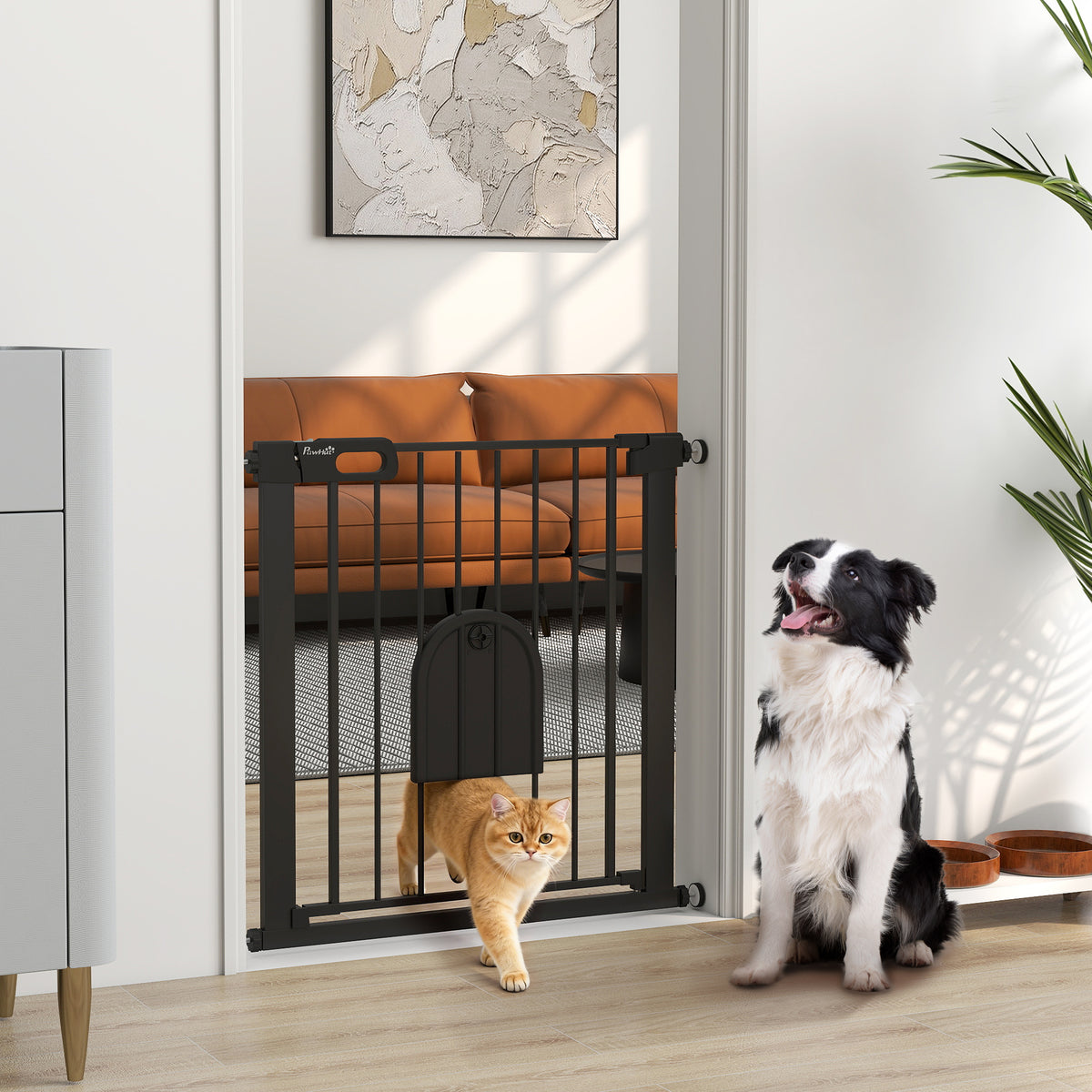 Barrière de sécurité animaux avec porte fermeture automatique système de double verrouillage, acier noir