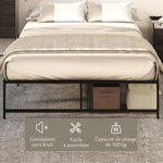 Cadre de lit double 140 x 190 cm, lit double 2 personnes en acier, hauteur 31 cm avec rangement, sommier à lattes, noir