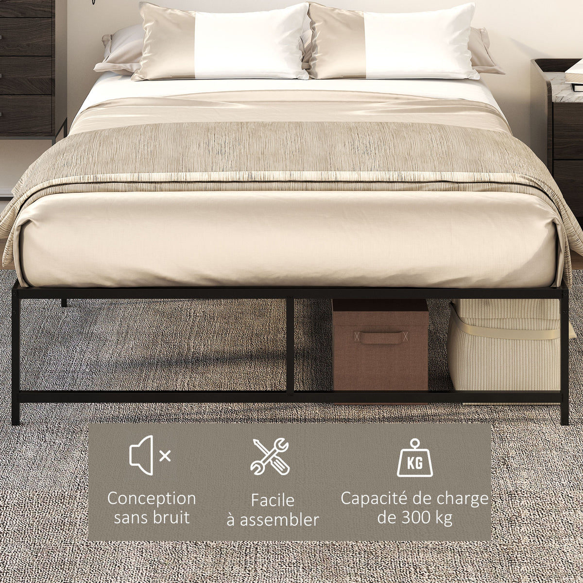 Cadre de lit double 140 x 190 cm, lit double 2 personnes en acier, hauteur 31 cm avec rangement, sommier à lattes, noir