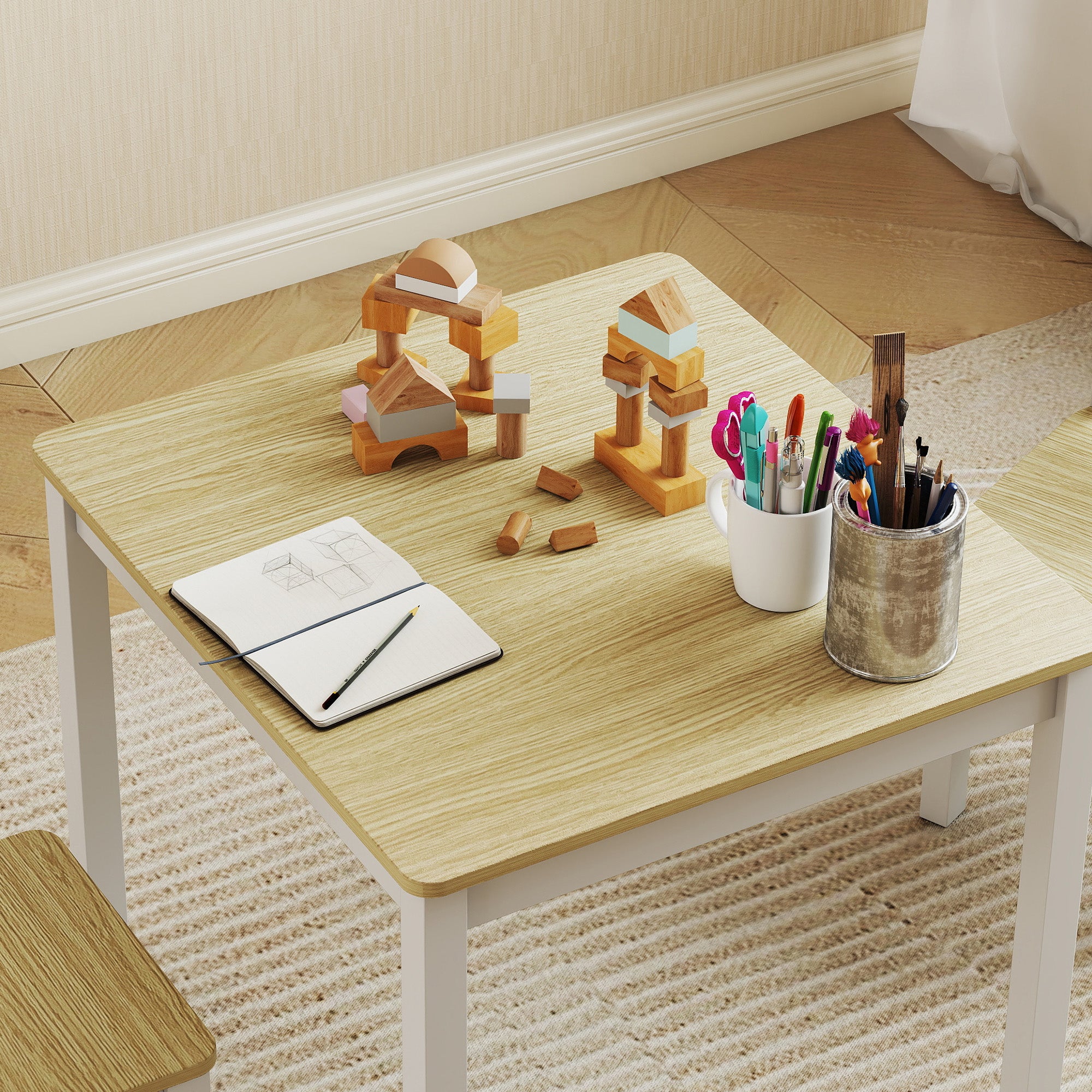 Table enfant avec chaise, lot table et 2 chaises enfant en bois pour dessiner, jouer, étudier, 56x52x48cm, bois naturel