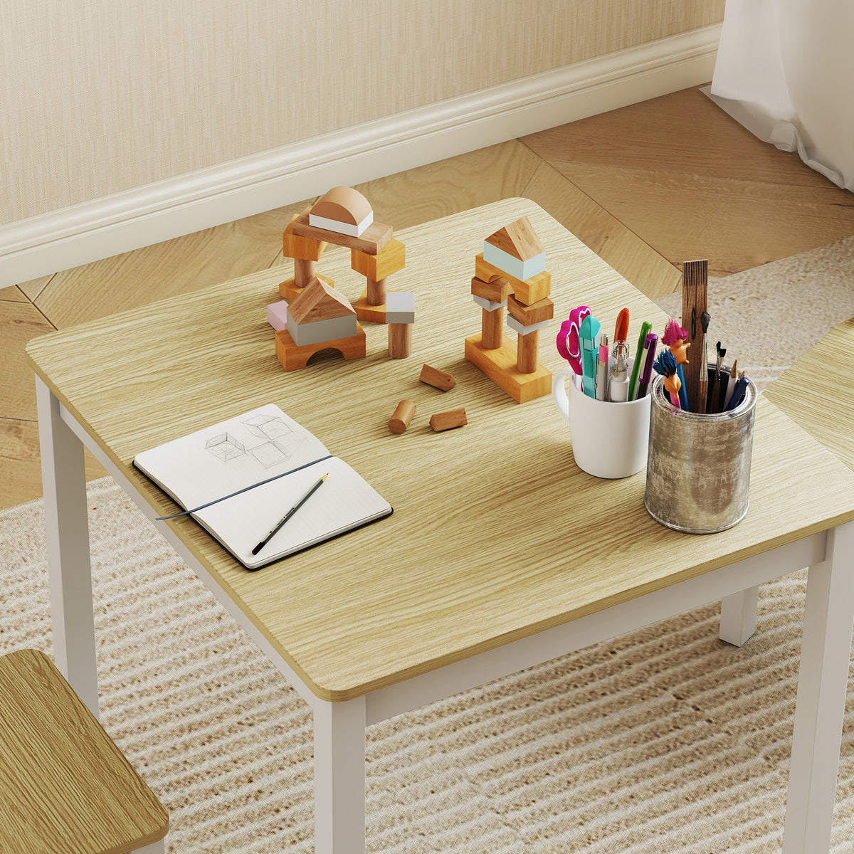 Table enfant avec chaise, lot table et 2 chaises enfant en bois pour dessiner, jouer, étudier, 56x52x48cm, bois naturel