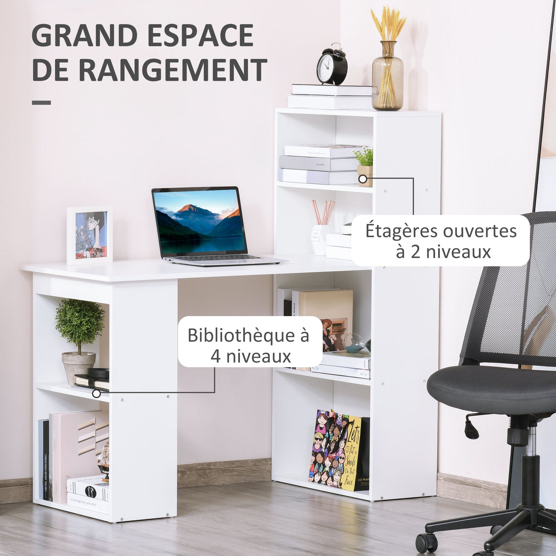 Bureau informatique, bureau avec rangement, 6 compartments ouverts, table d'ordinateur pour chambre, studio, 120