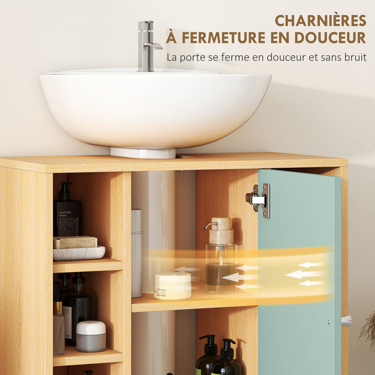 Meuble sous lavabo, meuble de salle de bain avec 6 étagères ouvertes et porte à fermeture amortie 60 x 33 x 57 cm, vert