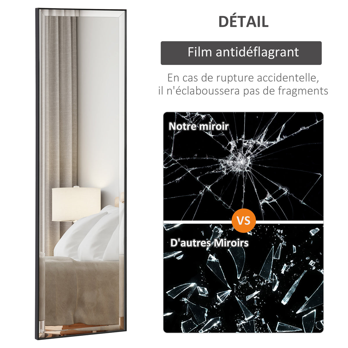 Miroir Mural dim. 120L x 35l cm - Film sécurité Anti déflagrant, système Attache Inclus - Cadre Alliage alu. Noir