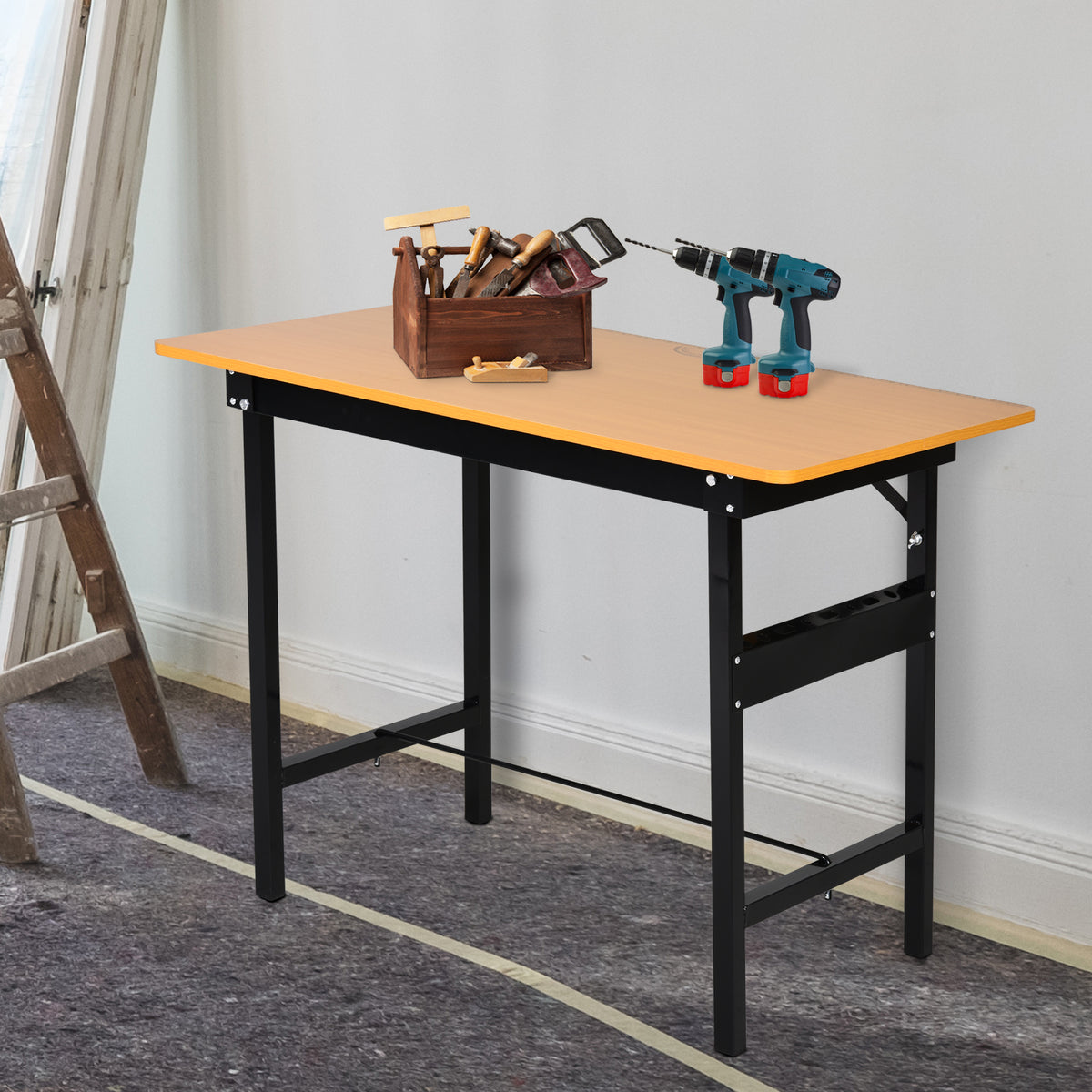 Opvouwbare werkbank, inklapbare werktafel met liniaal en gradenboog, MDF-werktafel 100 x 60 x 75,5 cm, geel/zwart