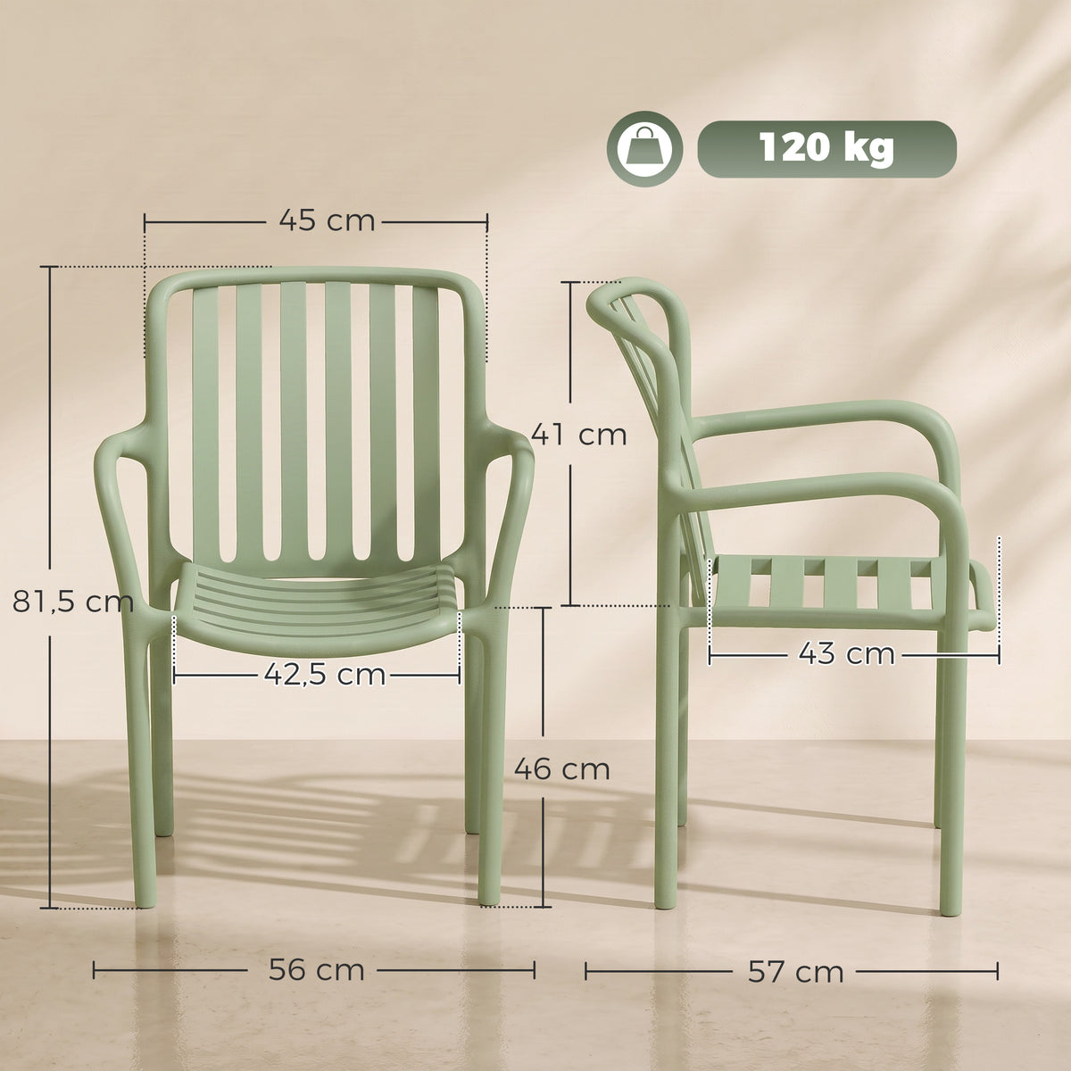 Lot de 4 Chaises Salle à Manger, Chaises de Cuisine Empilables en PP avec Dossier Incurvé à Lattes et Accoudoirs, Vert