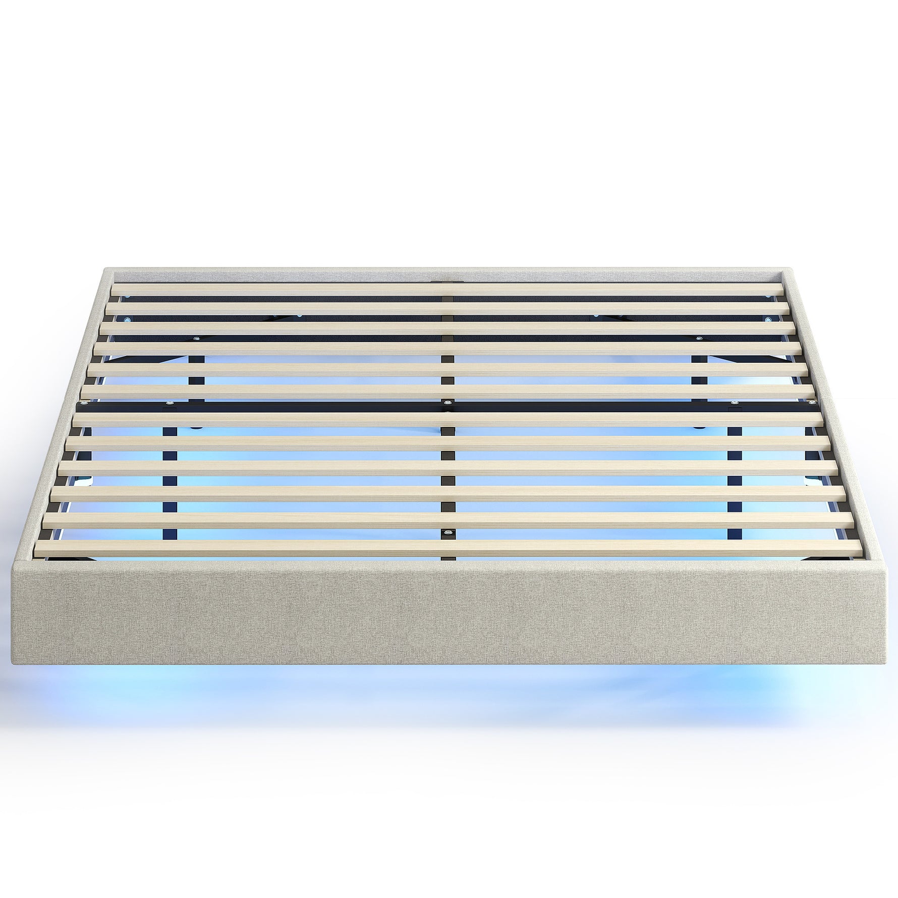 Lit Flottant 160 x 200 cm avec Éclairage LED Intelligent, Cadre de Lit Double Rembourré en Lin, Montage Facile, Beige