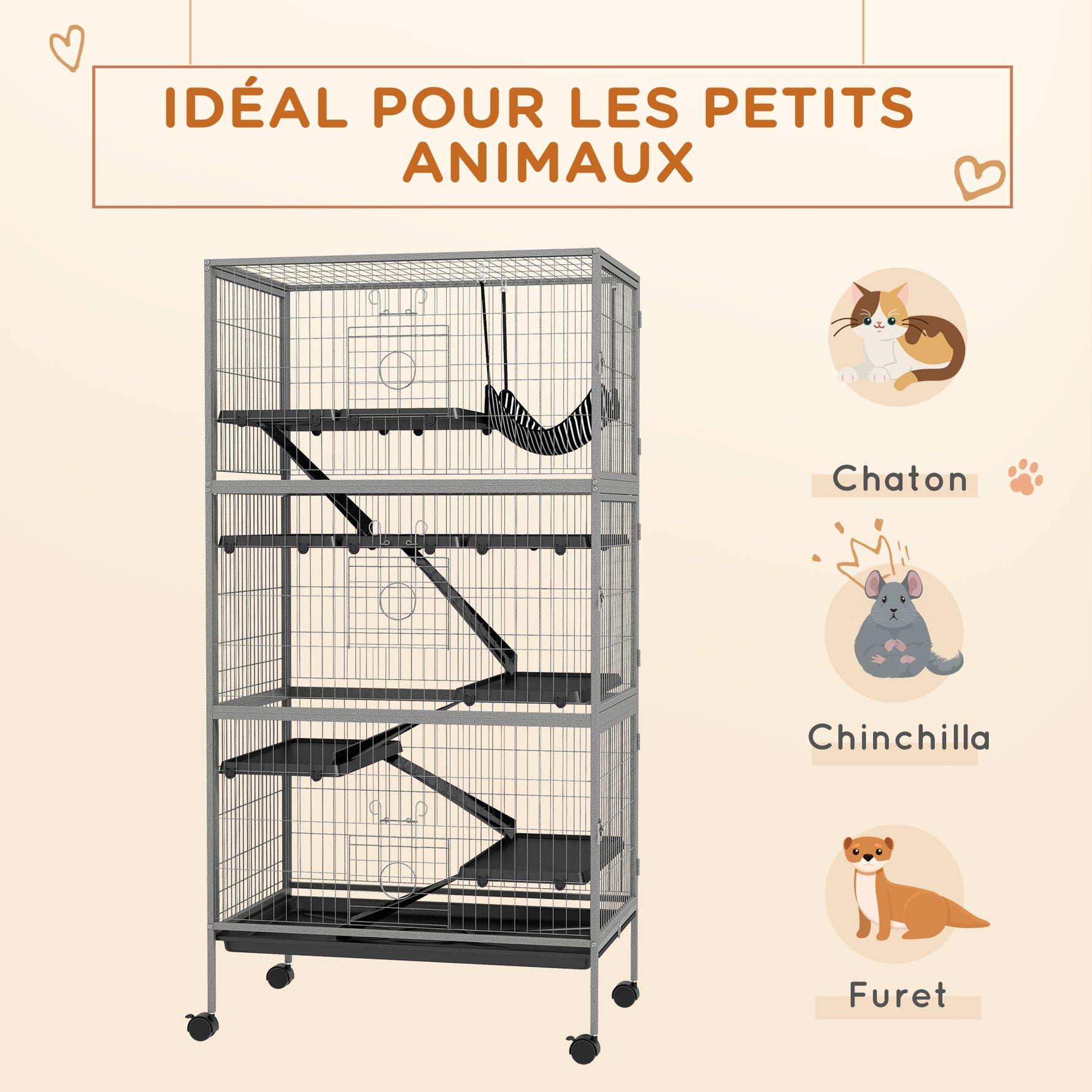 Cage pour rongeurs multifonction 4 plateformes 3 rampes 4 portes dim. 80L x 52l x 159H cm acier gris argenté noir