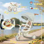 Tricycle bébé évolutif 5 en 1, tricycle enfant pliable avec poignée réglable, capote amovible, pour 1-3 ans, crème