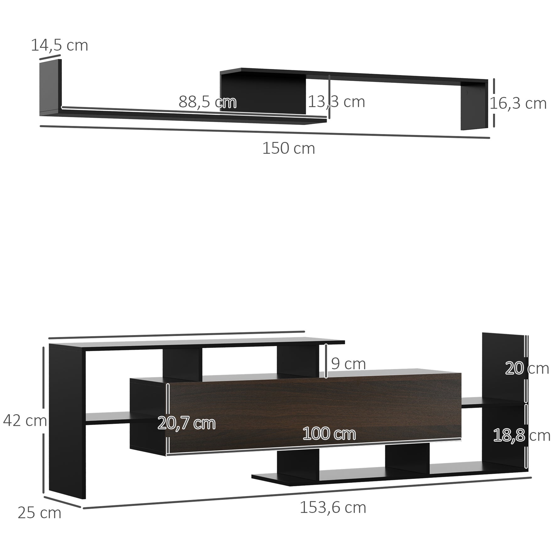 Ensemble meuble TV avec banc et étagère murale style contemporain 153,6L cm - noir