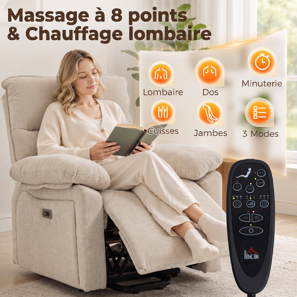 Fauteuil Releveur Électrique Massage et Chaleur Fauteuil Relax Électrique Chenille Ports USB Dossier Inclinable Crème