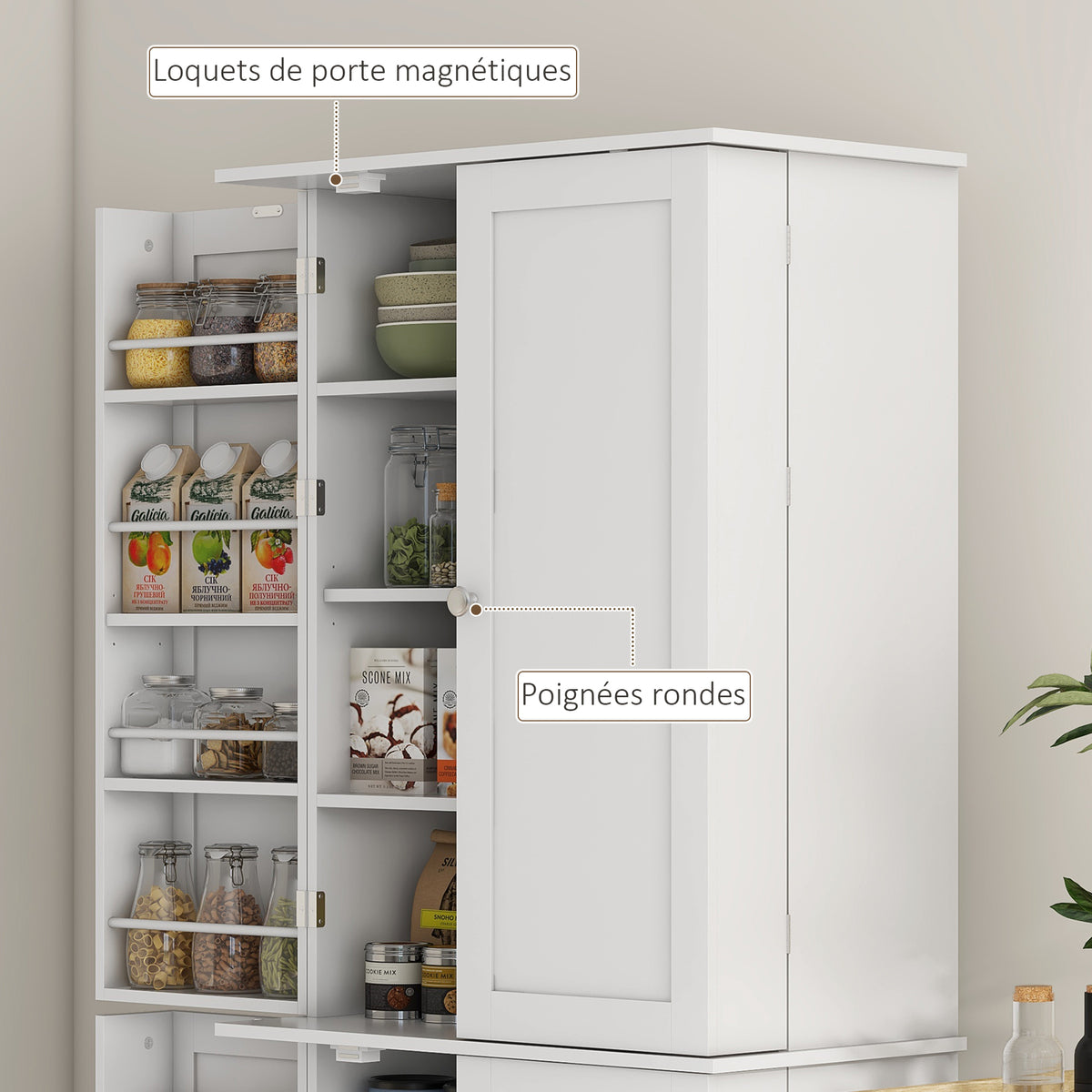 Armoire de cuisine buffet cuisine avec placards, étagère réglable et porte-épices, 60 x 35 x 166 cm, blanc