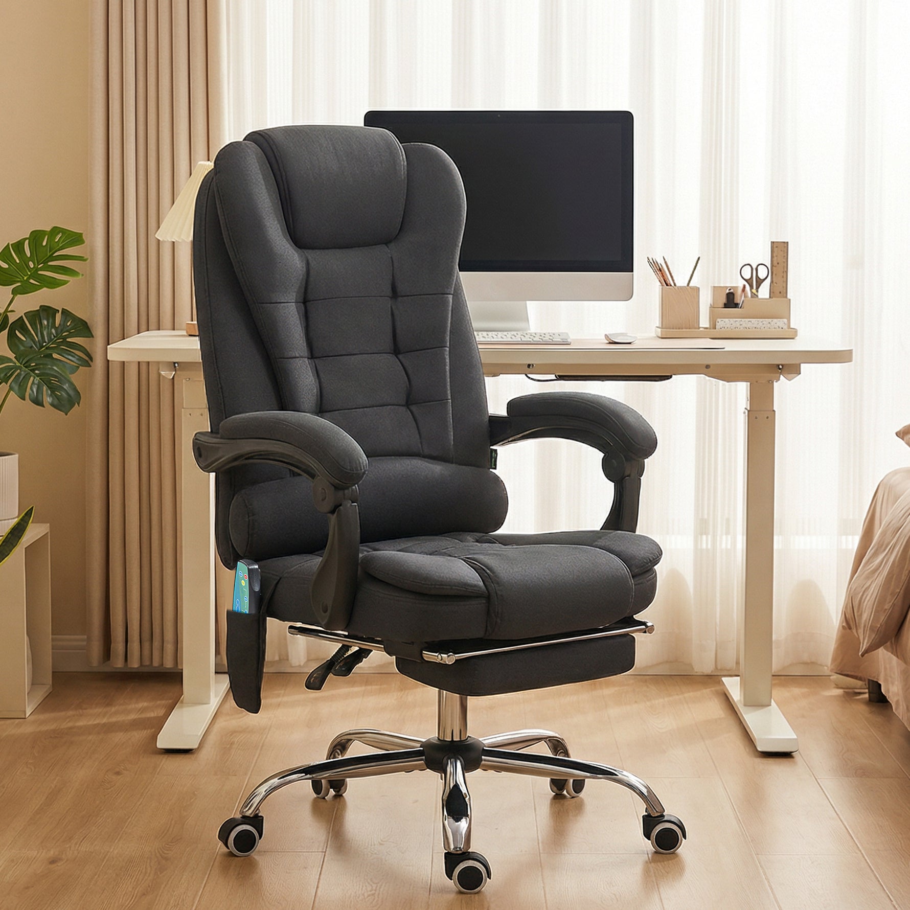 Fauteuil de bureau direction massant chauffant hauteur réglable dossier inclinable toile de lin noir